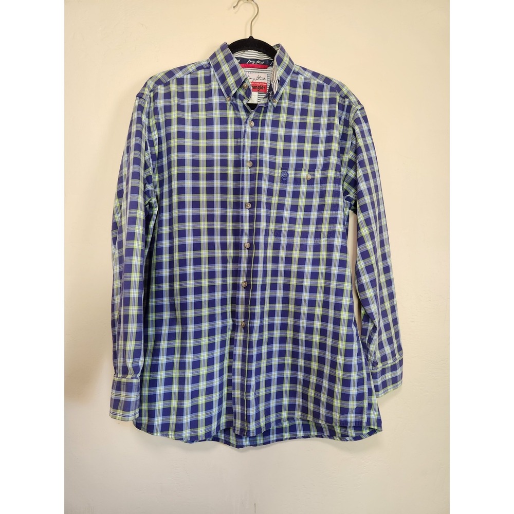 Wrangler George Strait Blue and Green Checked Button Down Shirt Mens Size Medium
